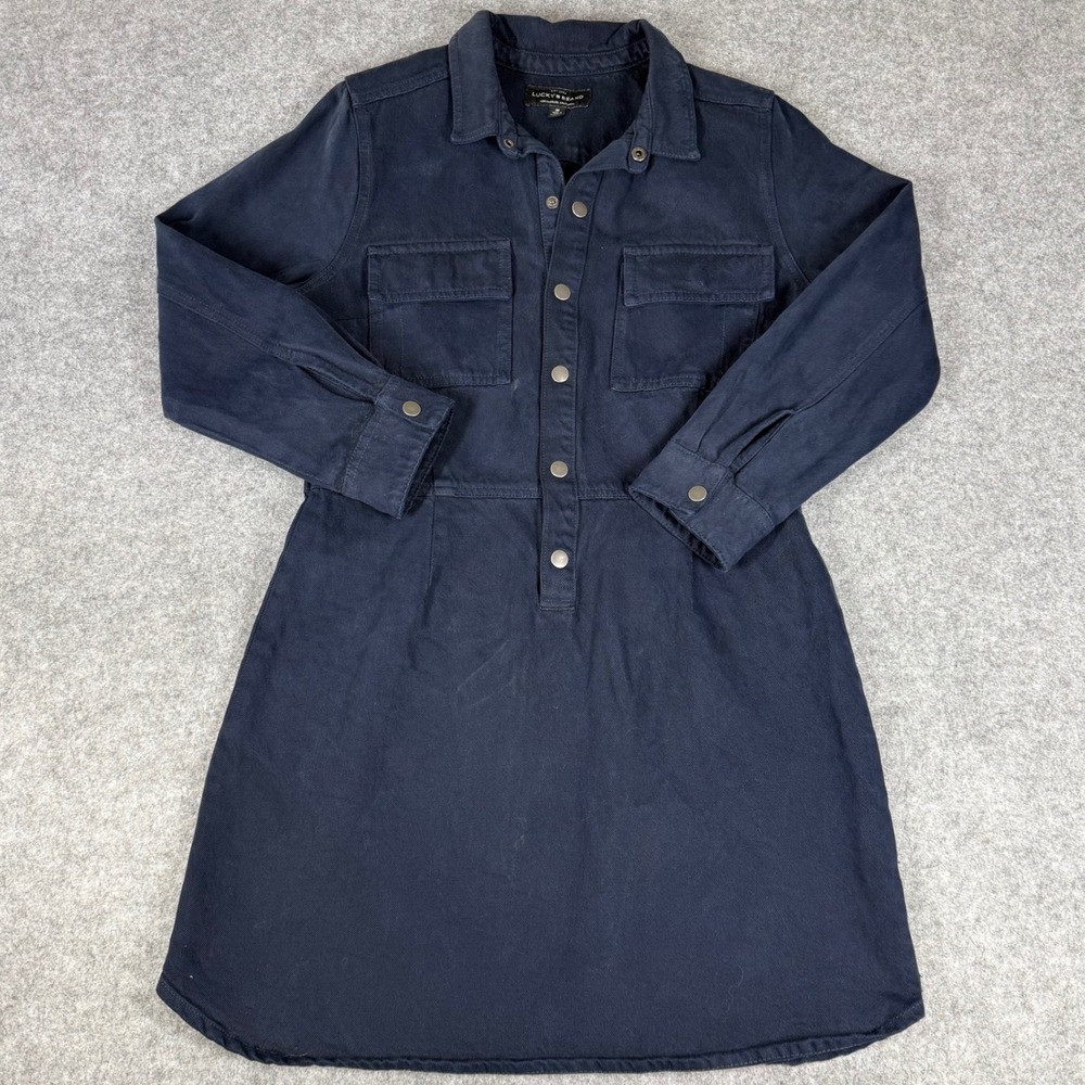 Lucky Brand Navy Blue Cotton Utility Shirt Dress Snap Front Long Sleeve Medium